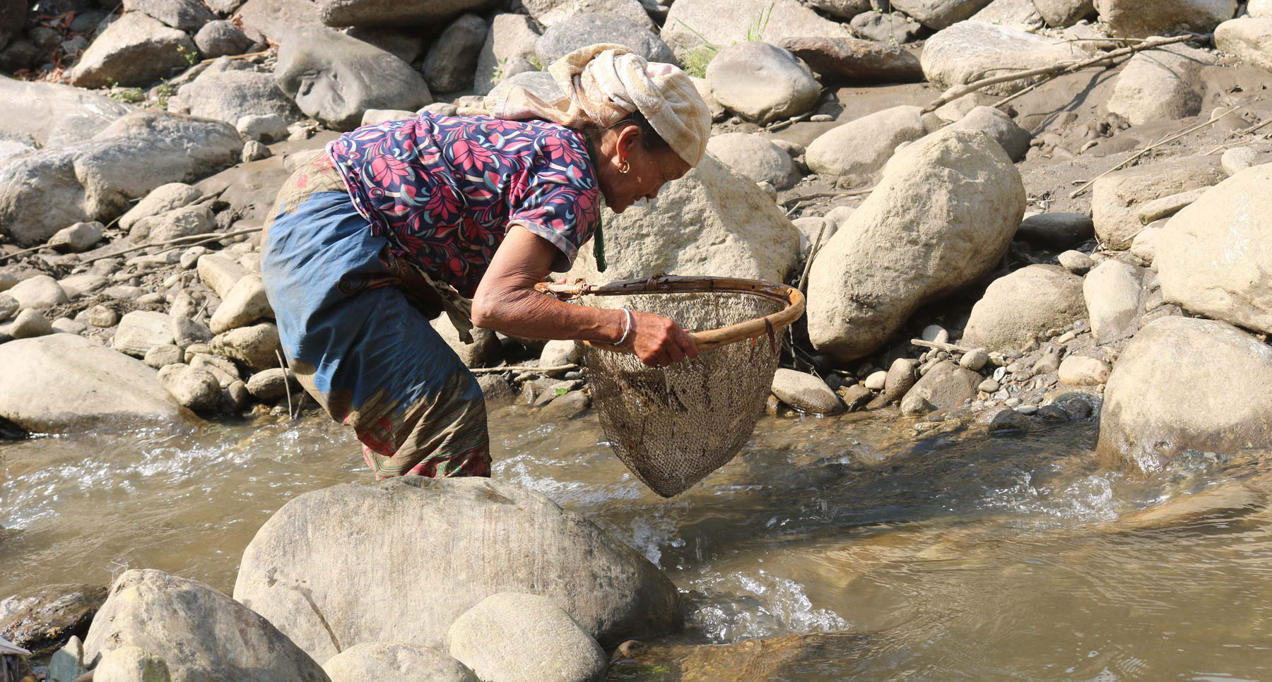 रावाखोलामा माछा मार्दै वृद्धा