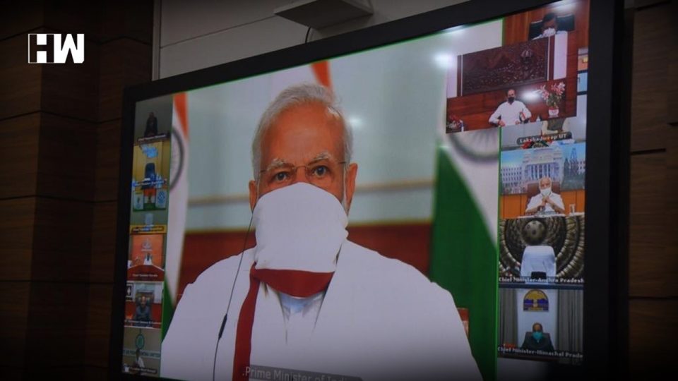 भारतीय प्रधानमन्त्री मोदी मास्क लगाएरै भिडियो बैठकमा